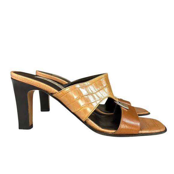 Brighton Ryan Brown Embossed  Leather Heel‎ Open Toe Sandals Womens Size 6.5 - Picture 1 of 12